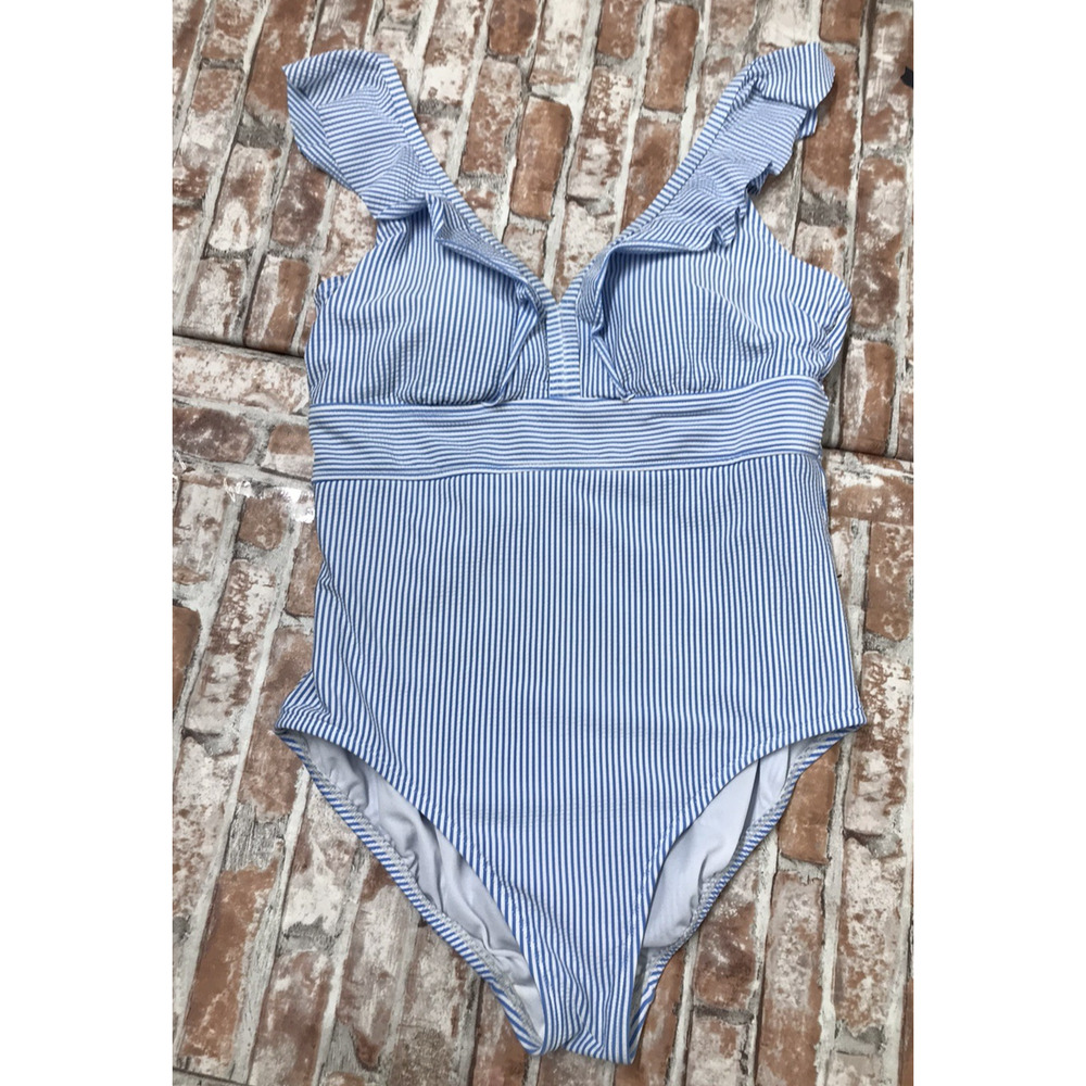 Time Tru Womens Ruffle Strap One Piece Swim Bathing Suit Padded L 12-14 Blu/whit